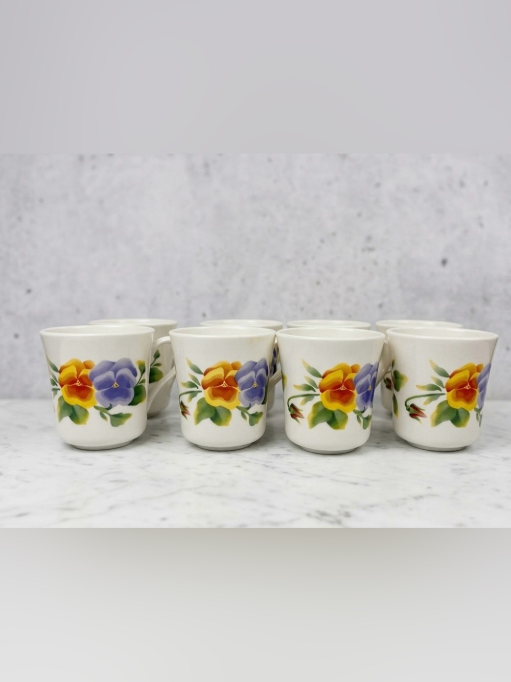 Vintage Corning Viola Mugs (Set of 8) White Ceramic Hand-Painted